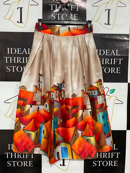 VANIS |XS| WAIST 24| A36| TOWN SCENE ART PRINT PLEATED MIDI SKIRT