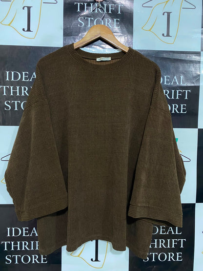 NEW COLLECTION |XL| BUST 26| A36| BROWN RIBBED CREW-NECK OVERSIZED HALF-SLEEVE SWEATER