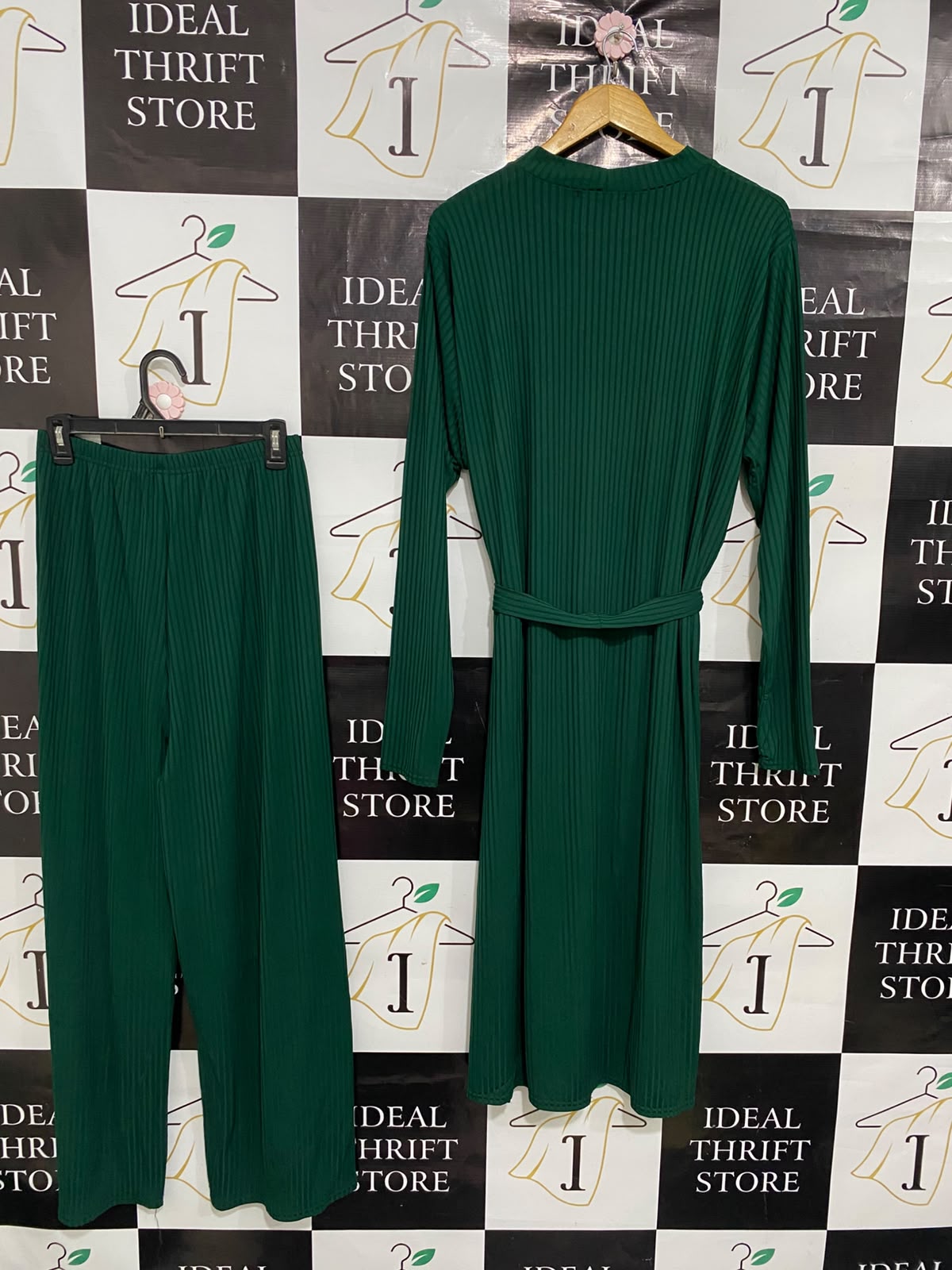 SIGNATURE |M| A36| EMERALD GREEN RIBBED LONG-SLEEVE TUNIC AND WIDE-LEG TROUSER SET