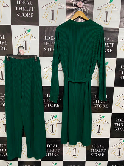 SIGNATURE |M| A36| EMERALD GREEN RIBBED LONG-SLEEVE TUNIC AND WIDE-LEG TROUSER SET