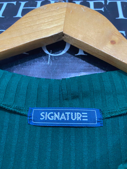 SIGNATURE |M| A36| EMERALD GREEN RIBBED LONG-SLEEVE TUNIC AND WIDE-LEG TROUSER SET