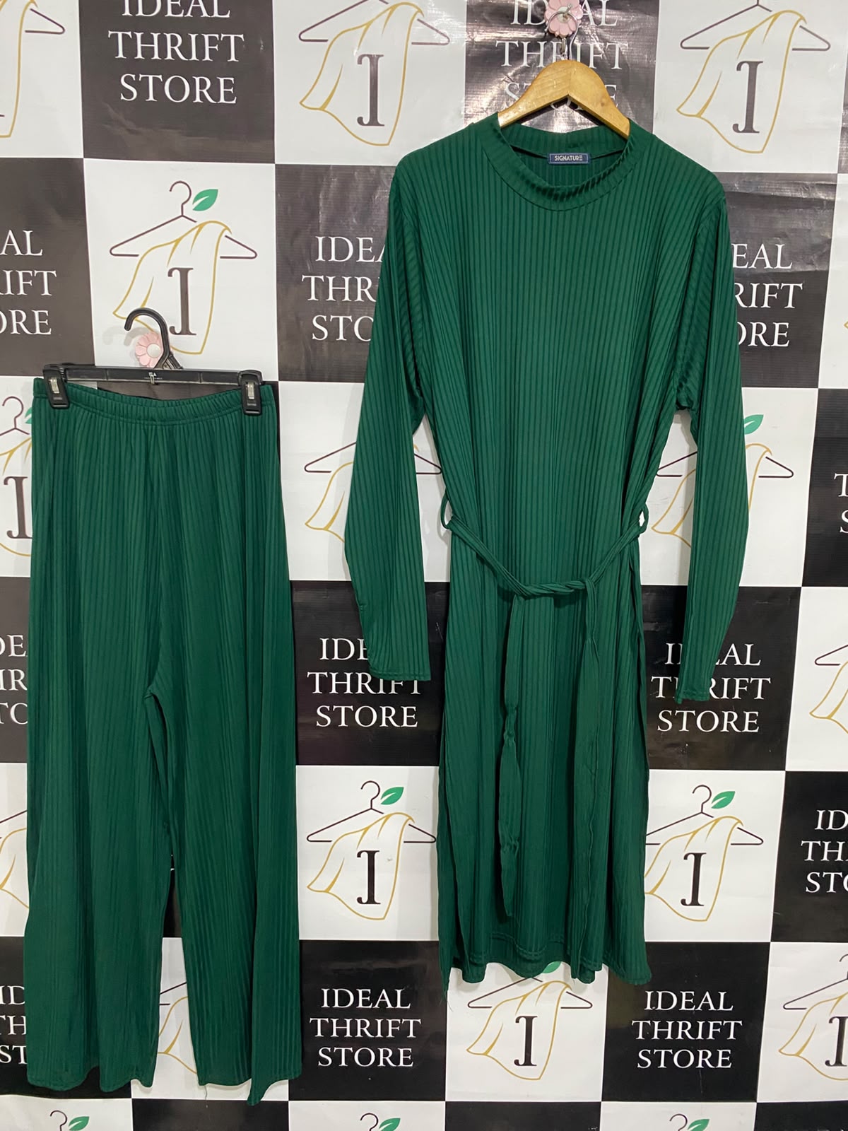 SIGNATURE |M| A36| EMERALD GREEN RIBBED LONG-SLEEVE TUNIC AND WIDE-LEG TROUSER SET