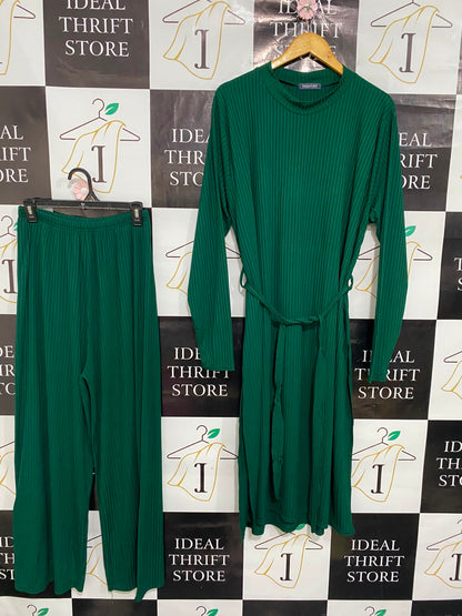 SIGNATURE |M| A36| EMERALD GREEN RIBBED LONG-SLEEVE TUNIC AND WIDE-LEG TROUSER SET