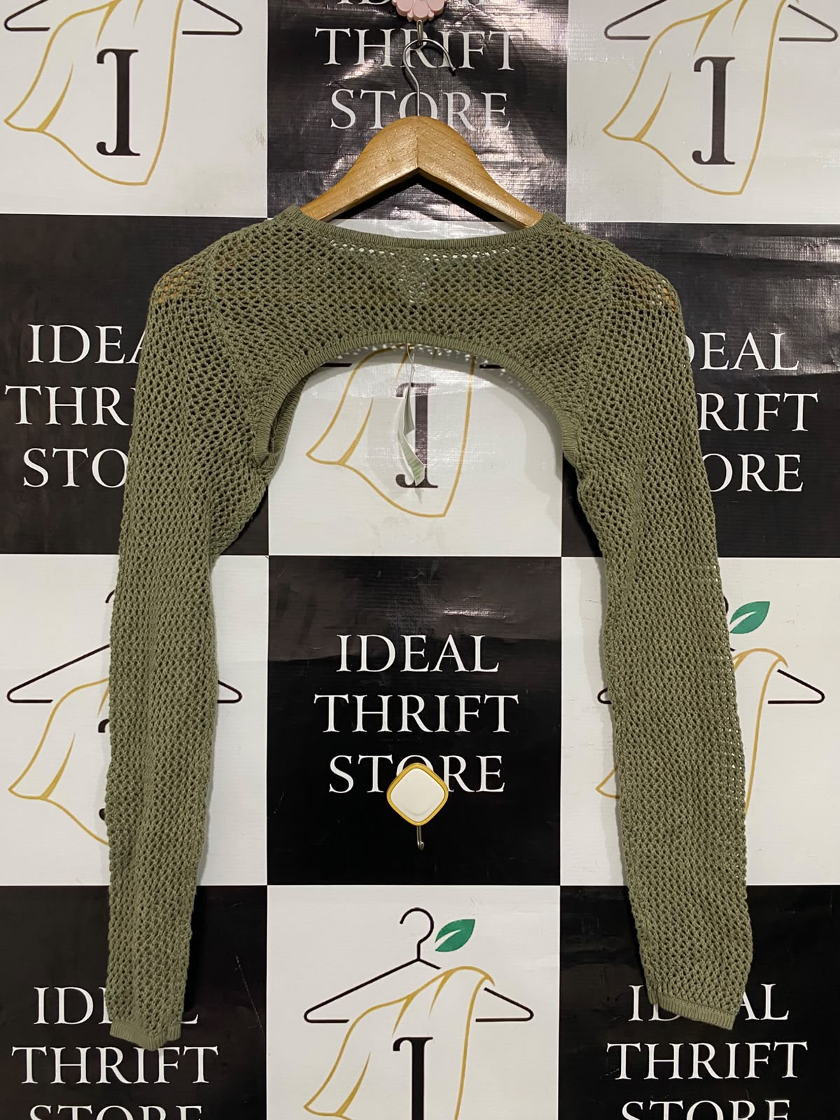 ANKO |XS| BUST 12| A36| OLIVE GREEN OPEN-KNIT CROPPED BOLERO SLEEVE SHRUG