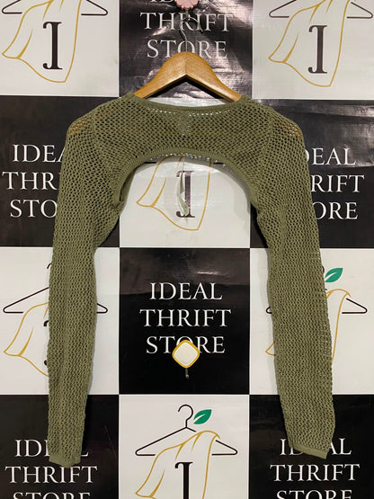 ANKO |XS| BUST 12| A36| OLIVE GREEN OPEN-KNIT CROPPED BOLERO SLEEVE SHRUG
