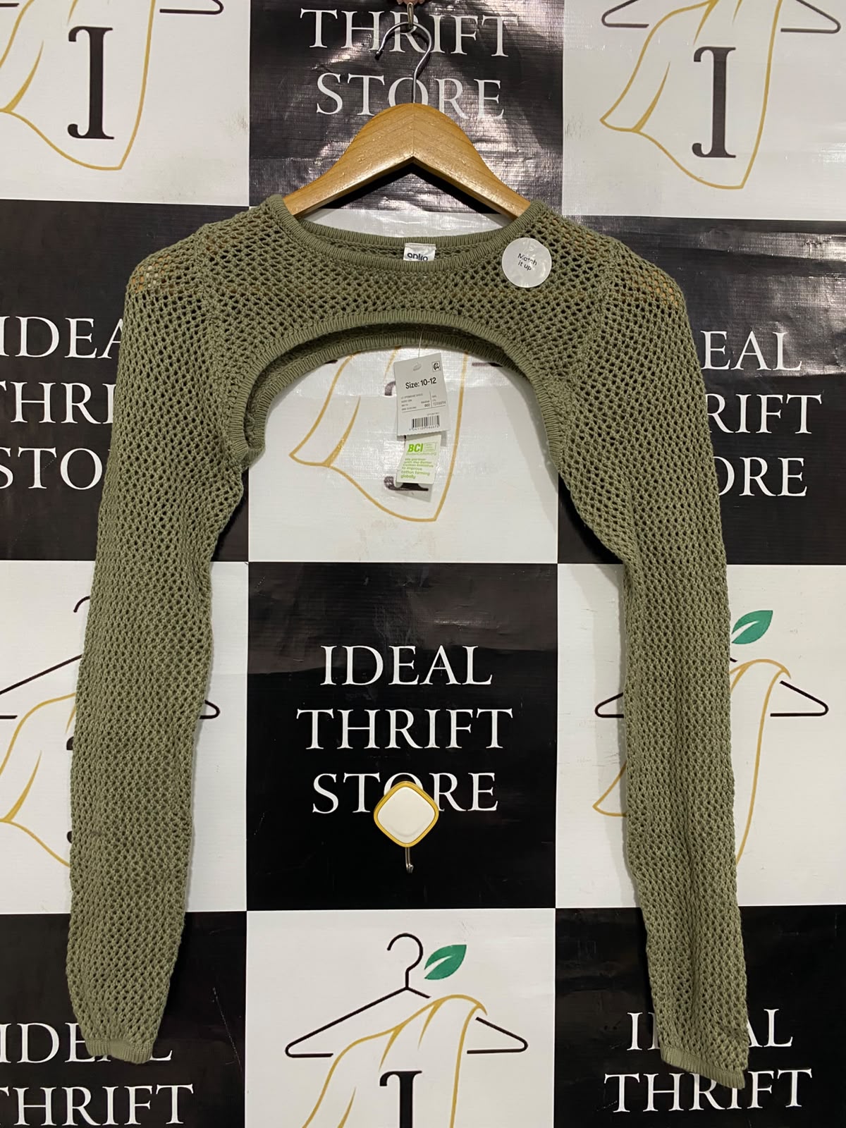 ANKO |XS| BUST 12| A36| OLIVE GREEN OPEN-KNIT CROPPED BOLERO SLEEVE SHRUG