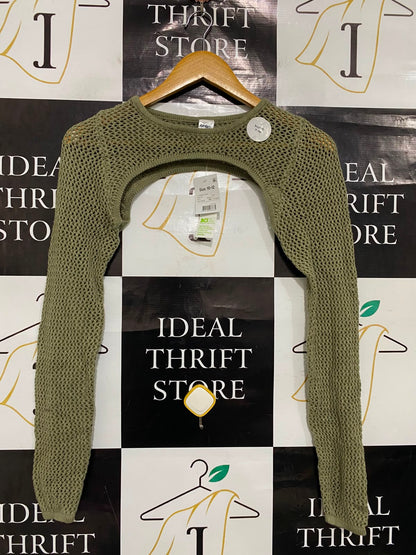 ANKO |XS| BUST 12| A36| OLIVE GREEN OPEN-KNIT CROPPED BOLERO SLEEVE SHRUG