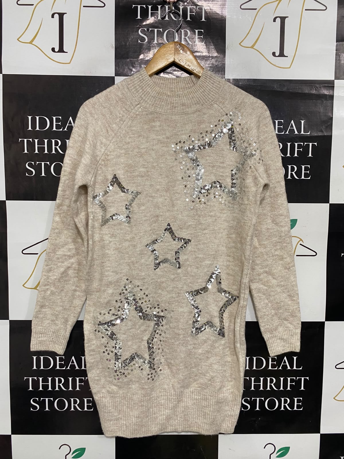 PAPAYA |S| BUST 18| A36| BEIGE SEQUIN STAR-EMBOSSED LONG-SLEEVE KNIT TUNIC DRESS