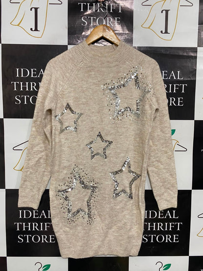 PAPAYA |S| BUST 18| A36| BEIGE SEQUIN STAR-EMBOSSED LONG-SLEEVE KNIT TUNIC DRESS