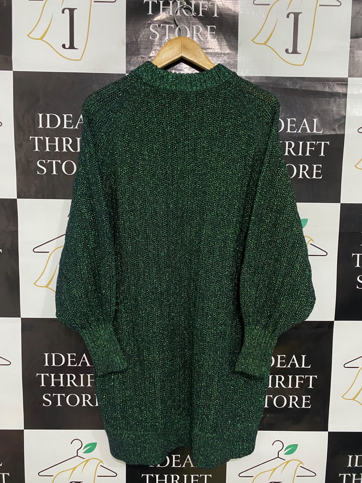 H&M |S| BUST 22| A36| METALLIC EMERALD GREEN LUSTRE LONG-SLEEVE KNIT SWEATER DRESS