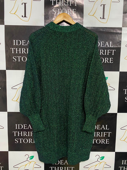 H&M |S| BUST 22| A36| METALLIC EMERALD GREEN LUSTRE LONG-SLEEVE KNIT SWEATER DRESS