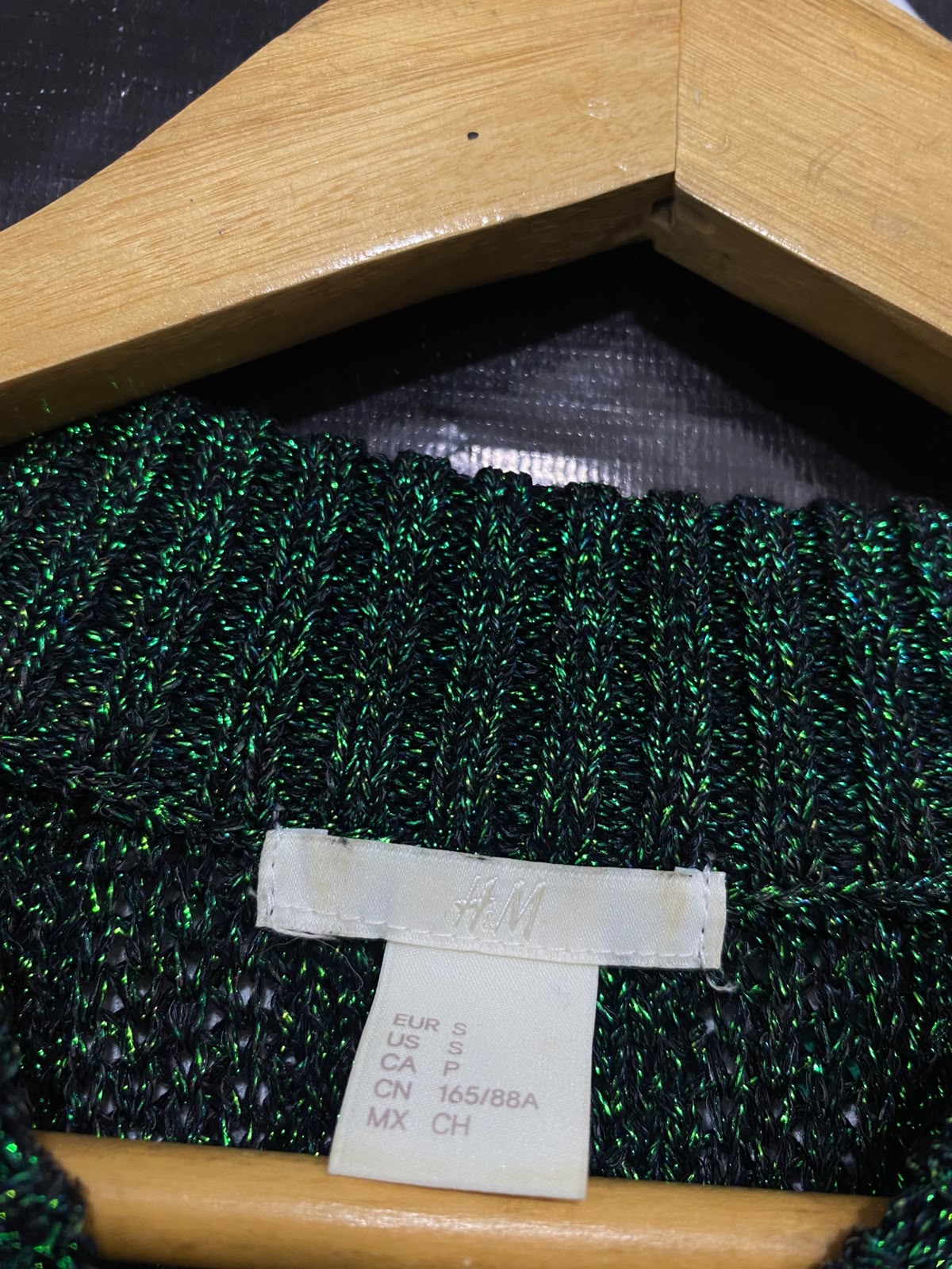 H&M |S| BUST 22| A36| METALLIC EMERALD GREEN LUSTRE LONG-SLEEVE KNIT SWEATER DRESS