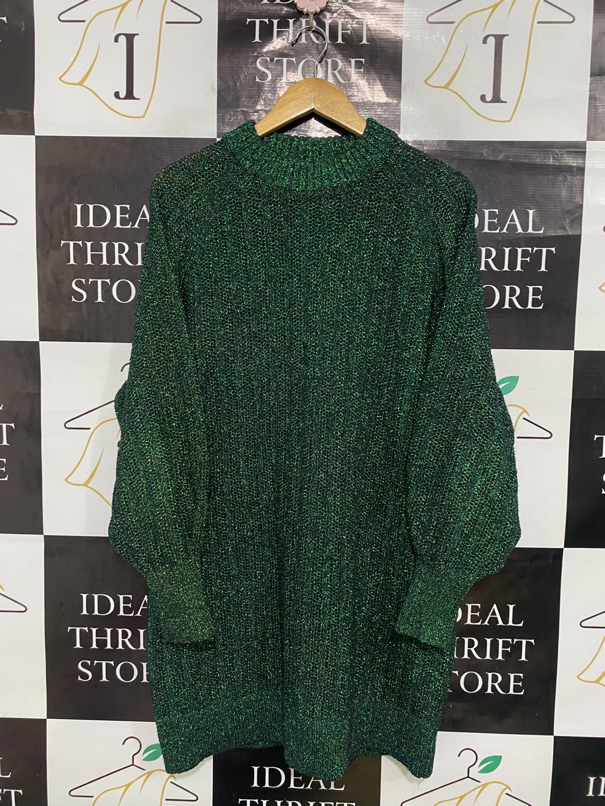 H&M |S| BUST 22| A36| METALLIC EMERALD GREEN LUSTRE LONG-SLEEVE KNIT SWEATER DRESS