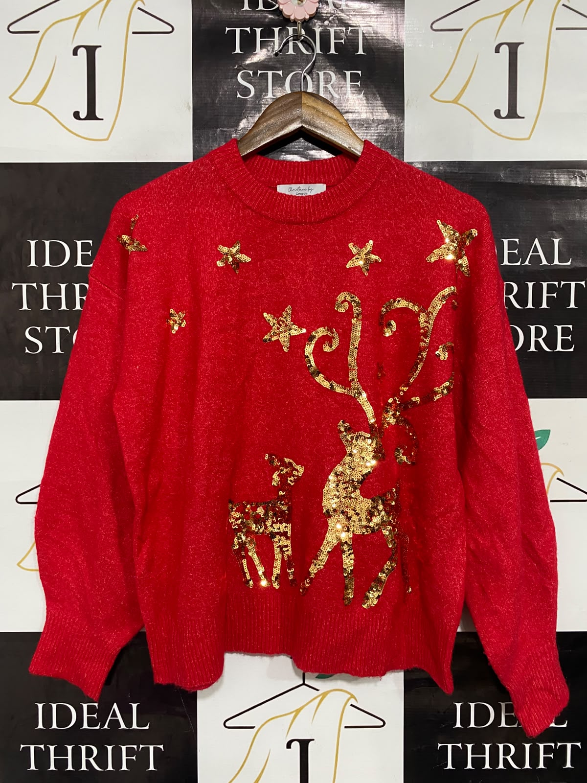 GEORGE |M| BUST 21| A36| RED GOLD SEQUIN REINDEER FESTIVE LONG-SLEEVE KNIT SWEATER
