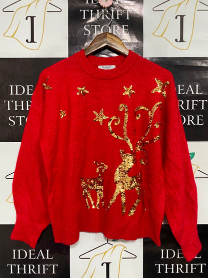 GEORGE |M| BUST 21| A36| RED GOLD SEQUIN REINDEER FESTIVE LONG-SLEEVE KNIT SWEATER