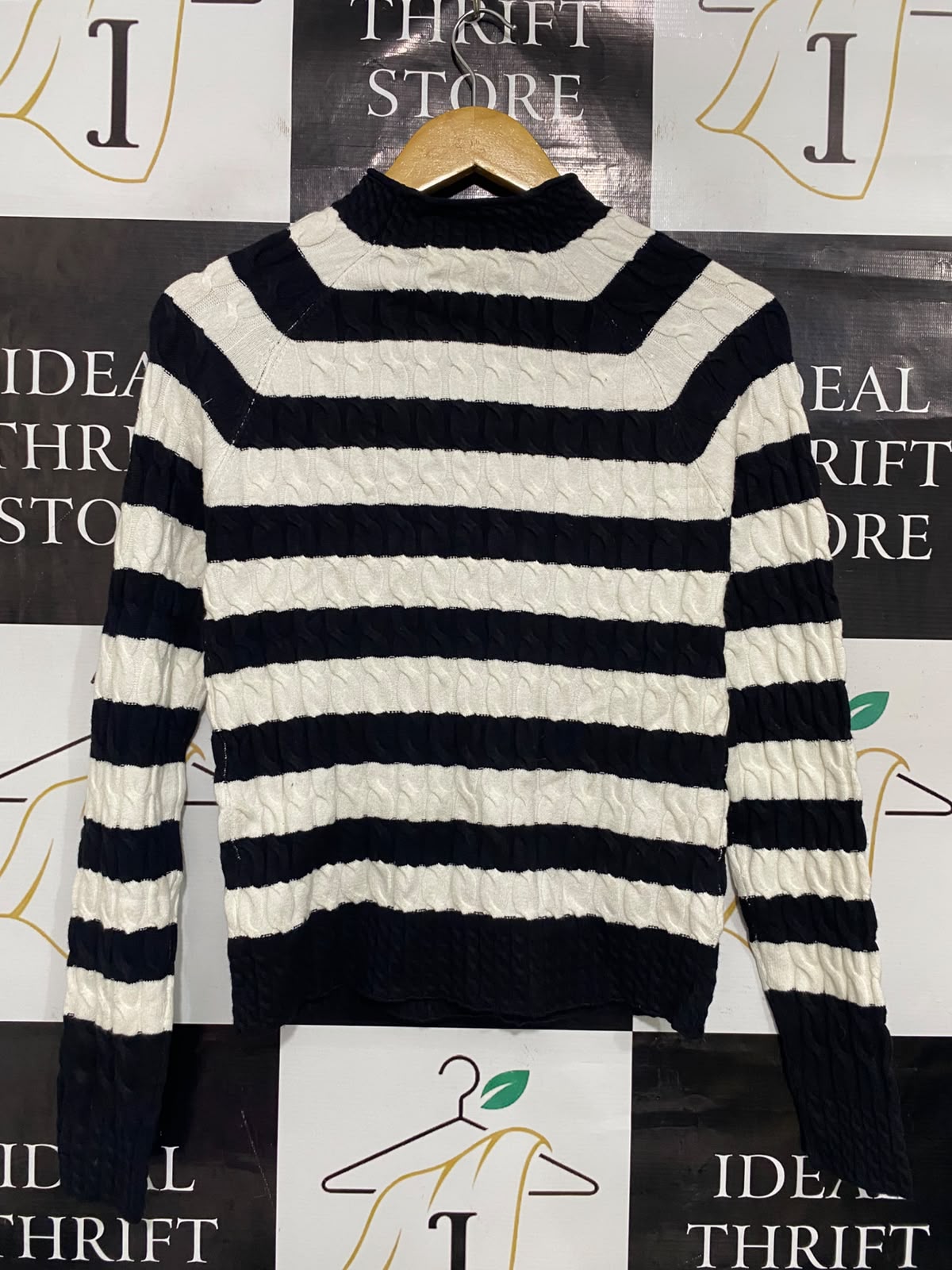 PRIMARK |S| BUST 16| A36| BLACK & WHITE STRIPED CABLE-KNIT MOCK-NECK SWEATER