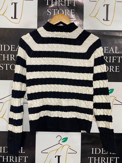 PRIMARK |S| BUST 16| A36| BLACK & WHITE STRIPED CABLE-KNIT MOCK-NECK SWEATER