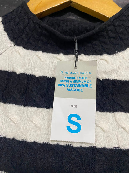 PRIMARK |S| BUST 16| A36| BLACK & WHITE STRIPED CABLE-KNIT MOCK-NECK SWEATER
