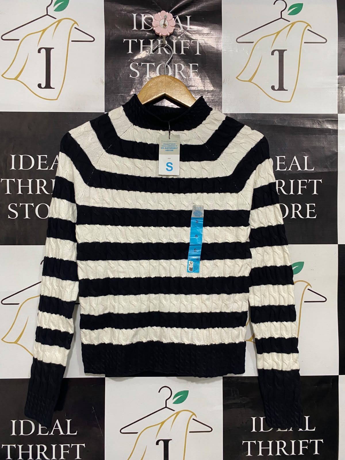 PRIMARK |S| BUST 16| A36| BLACK & WHITE STRIPED CABLE-KNIT MOCK-NECK SWEATER