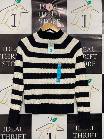 PRIMARK |S| BUST 16| A36| BLACK & WHITE STRIPED CABLE-KNIT MOCK-NECK SWEATER
