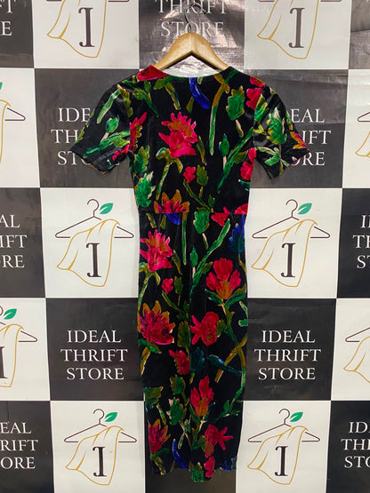 ZARA |S| BUST 13| A36| BLACK MULTICOLOR FLORAL VELVET SHORT-SLEEVE MIDI DRESS