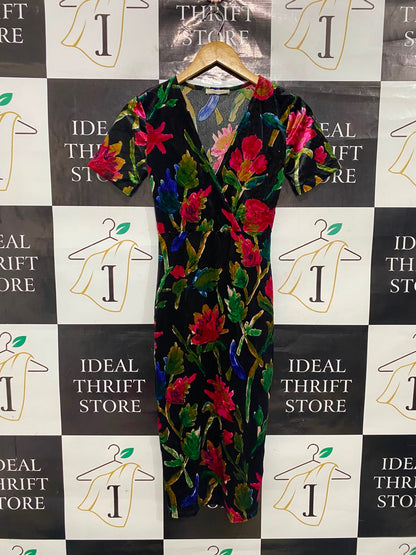 ZARA |S| BUST 13| A36| BLACK MULTICOLOR FLORAL VELVET SHORT-SLEEVE MIDI DRESS