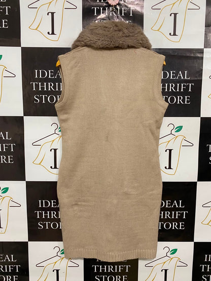LIZA |M| BUST 19| A36| BEIGE FAUX-FUR COLLAR PATTERNED KNIT LONG VEST CARDIGAN
