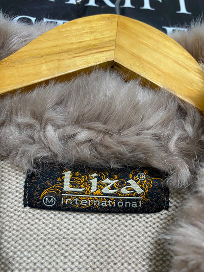 LIZA |M| BUST 19| A36| BEIGE FAUX-FUR COLLAR PATTERNED KNIT LONG VEST CARDIGAN