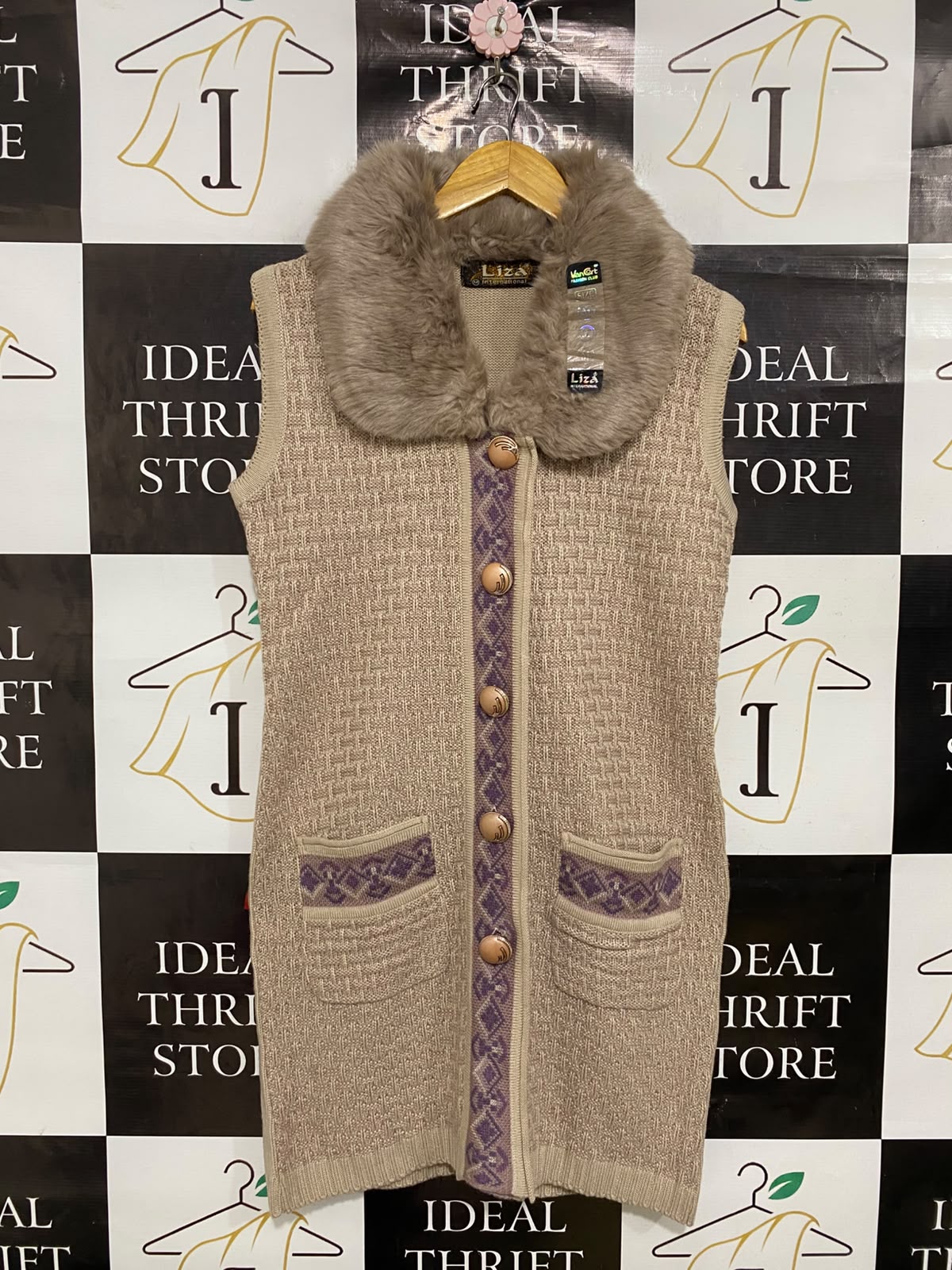 LIZA |M| BUST 19| A36| BEIGE FAUX-FUR COLLAR PATTERNED KNIT LONG VEST CARDIGAN