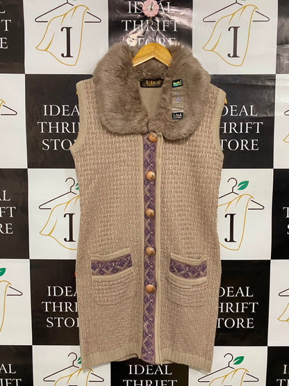 LIZA |M| BUST 19| A36| BEIGE FAUX-FUR COLLAR PATTERNED KNIT LONG VEST CARDIGAN
