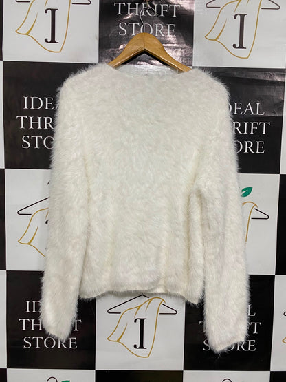 |XL| BUST 19| A36| WHITE FLUFFY FUZZY LONG-SLEEVE BUTTON-UP CARDIGAN