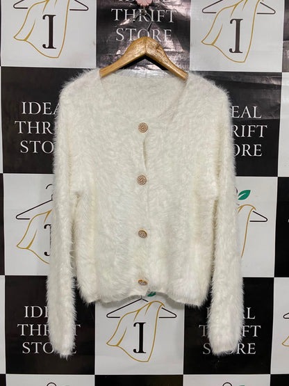 |XL| BUST 19| A36| WHITE FLUFFY FUZZY LONG-SLEEVE BUTTON-UP CARDIGAN