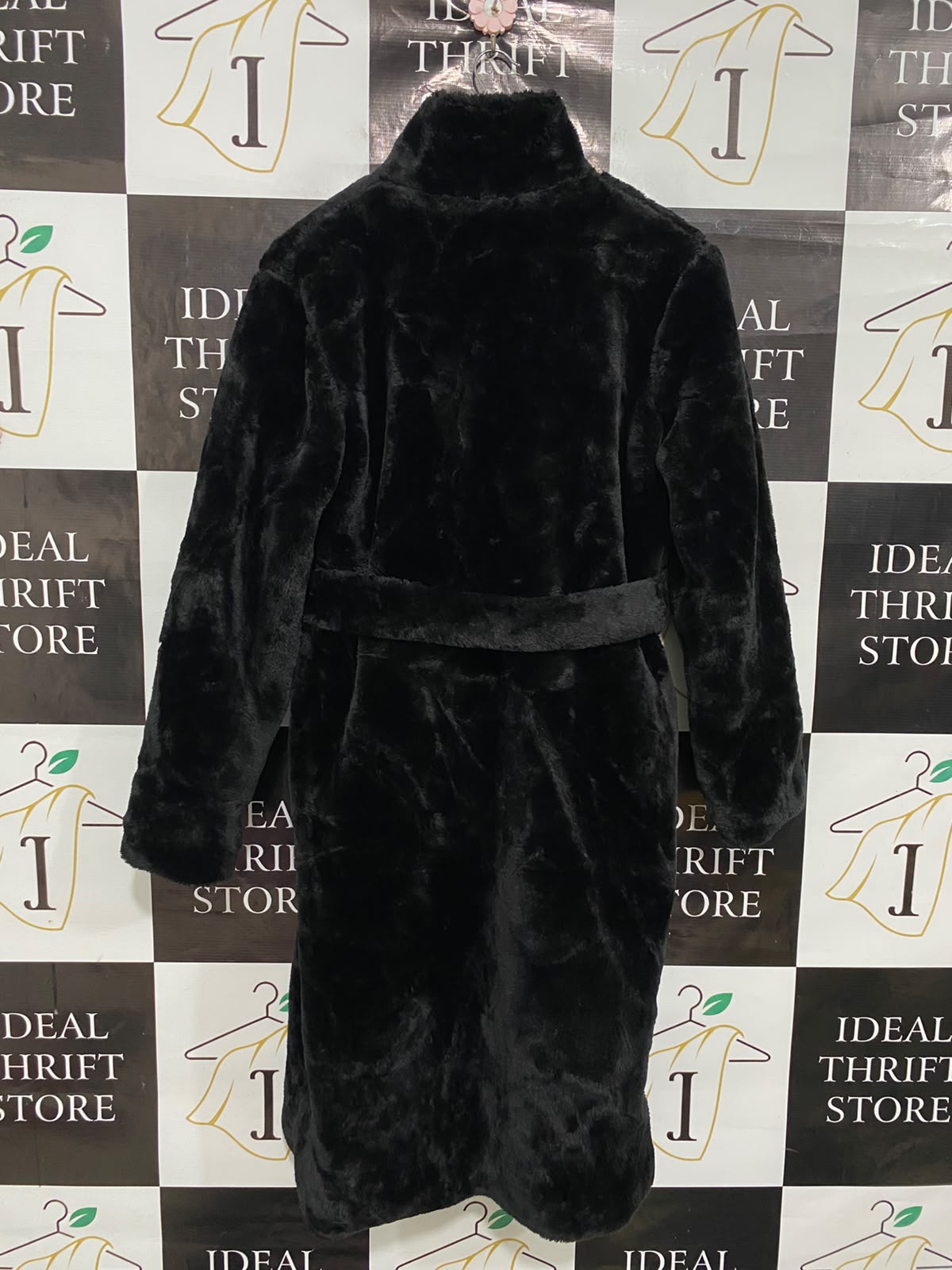 BOOHOO |M| BUST 20| A36| BLACK PLUSH FAUX-FUR BELTED LONG WINTER COAT