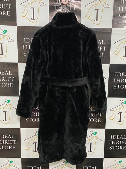 BOOHOO |M| BUST 20| A36| BLACK PLUSH FAUX-FUR BELTED LONG WINTER COAT