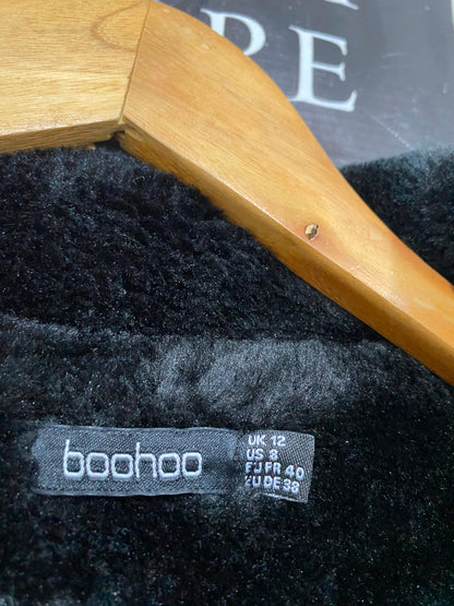 BOOHOO |M| BUST 20| A36| BLACK PLUSH FAUX-FUR BELTED LONG WINTER COAT