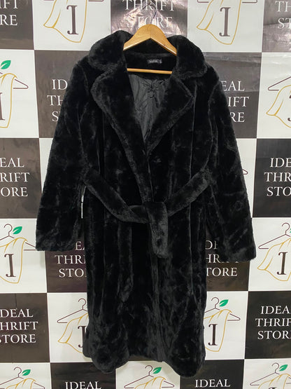 BOOHOO |M| BUST 20| A36| BLACK PLUSH FAUX-FUR BELTED LONG WINTER COAT