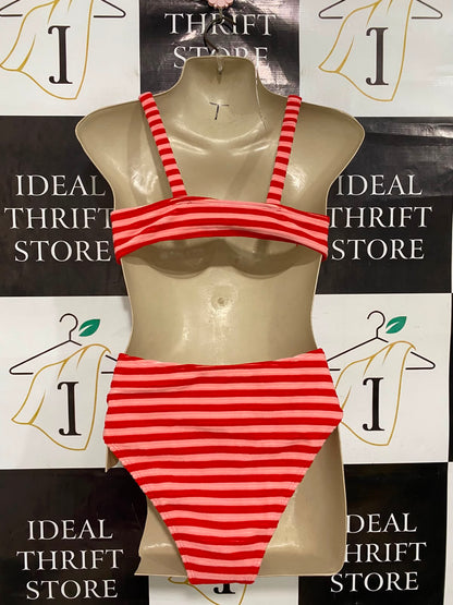|S| A36| RED & PINK STRIPED HIGH-WAISTED TWO-PIECE SWIMSUIT