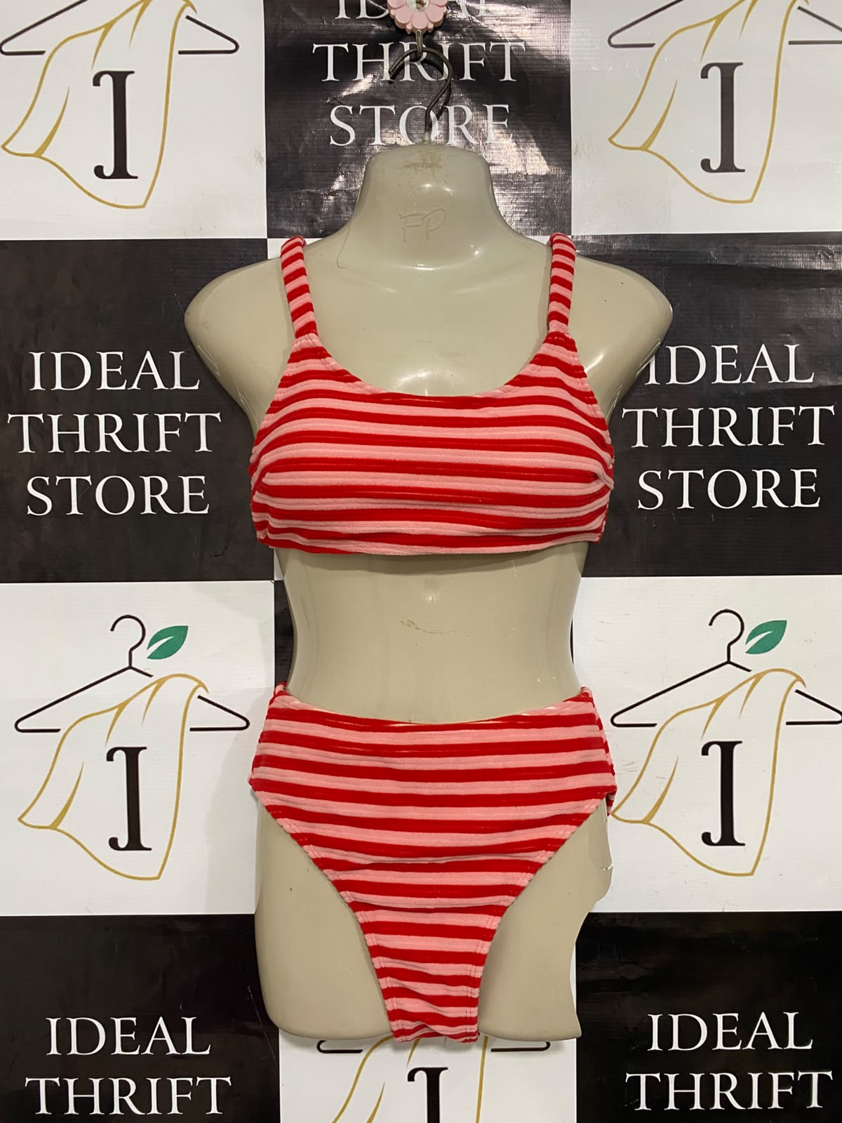 |S| A36| RED & PINK STRIPED HIGH-WAISTED TWO-PIECE SWIMSUIT