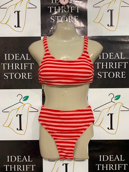 |S| A36| RED & PINK STRIPED HIGH-WAISTED TWO-PIECE SWIMSUIT