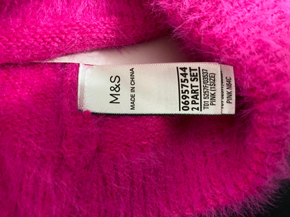 M&S HOT PINK FLUFFY KNIT BEANIE AND MATCHING SCARF SET