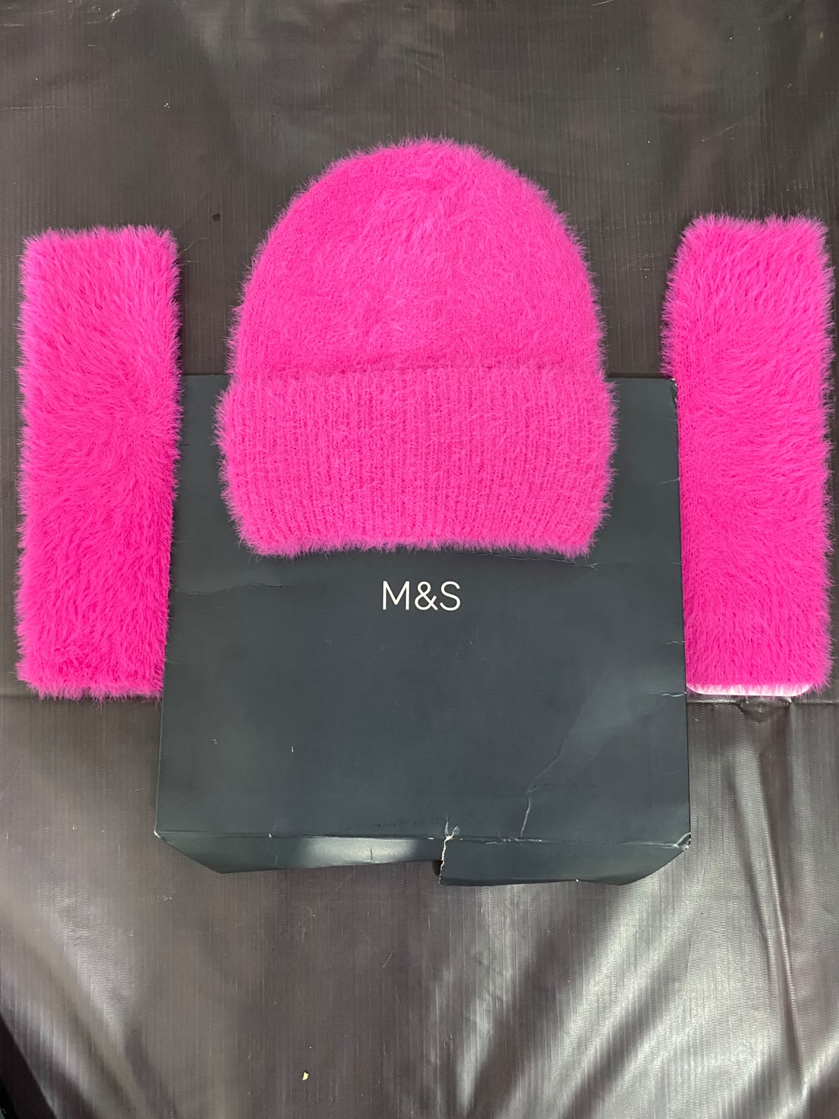 M&S HOT PINK FLUFFY KNIT BEANIE AND MATCHING SCARF SET