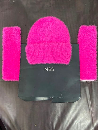 M&S HOT PINK FLUFFY KNIT BEANIE AND MATCHING SCARF SET