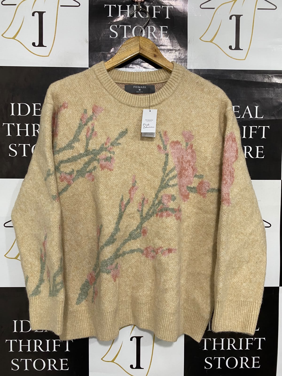 PRIMARK |M| BUST 23| A35| BEIGE CHERRY BLOSSOM INTARSIA KNIT CREW-NECK SWEATER