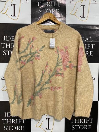 PRIMARK |M| BUST 23| A35| BEIGE CHERRY BLOSSOM INTARSIA KNIT CREW-NECK SWEATER