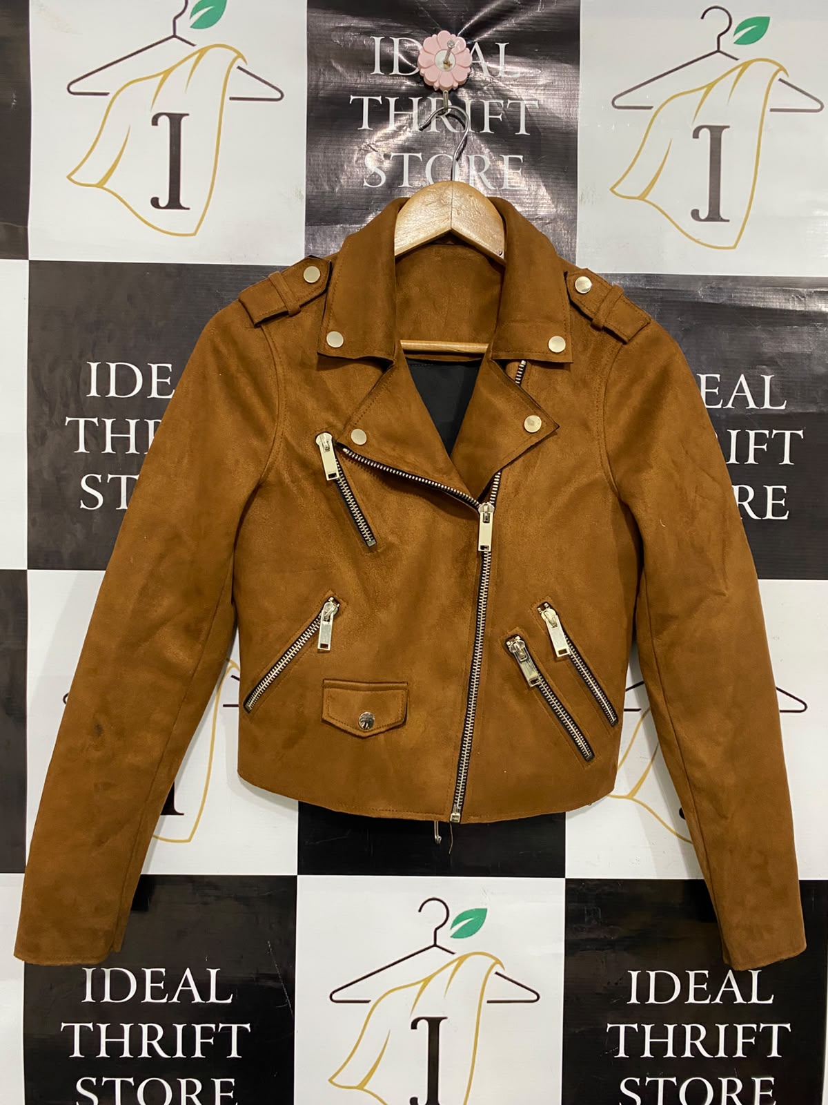 RIVER ISLAND |M| BUST 17| A35| CAMEL BROWN FAUX-SUEDE BIKER JACKET