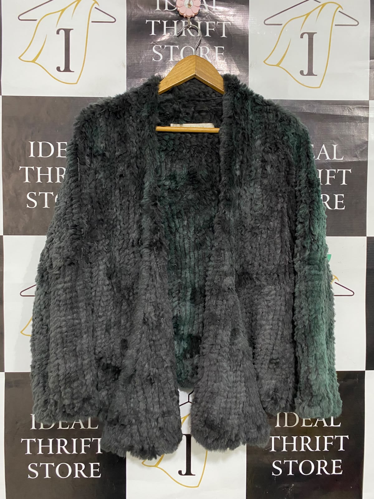 FOX MAIDEN |S| BUST 20| A35| DARK GREEN TEXTURED FAUX-FUR OPEN-FRONT WINTER CARDIGAN COAT