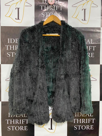FOX MAIDEN |S| BUST 20| A35| DARK GREEN TEXTURED FAUX-FUR OPEN-FRONT WINTER CARDIGAN COAT