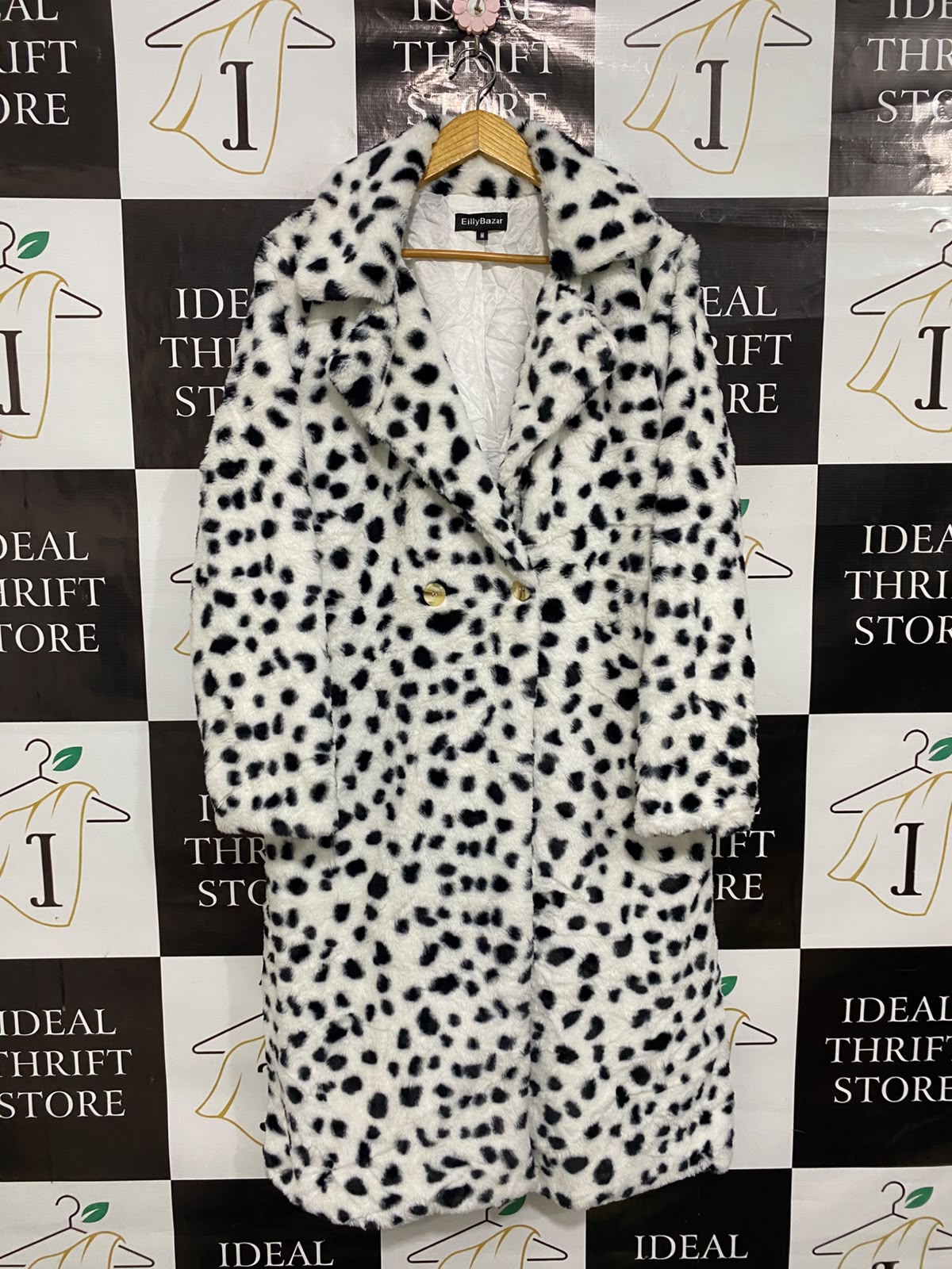 EILLY BAZAR |M| BUST 21| A35| BLACK & WHITE DALMATIAN PRINT FAUX-FUR LONG WINTER COAT