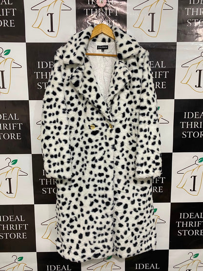 EILLY BAZAR |M| BUST 21| A35| BLACK & WHITE DALMATIAN PRINT FAUX-FUR LONG WINTER COAT