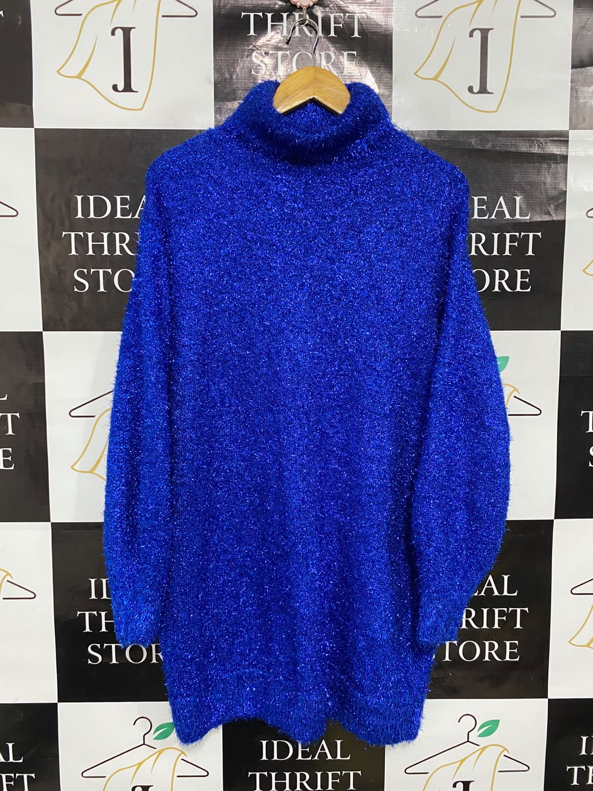 H&M |M| BUST 23| A35| ROYAL BLUE SPARKLE METALLIC TURTLENECK LONG KNIT DRESS